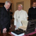 Pope Francis speaks with Serbian President Tomislav Nikolic, during a private audience at the Vatican, Friday, Sept. 11, 2015. (Claudio Onorati/Pool photo via AP)