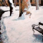 Zrinjevac - bench in snow, mixed media, 50x70, 2009